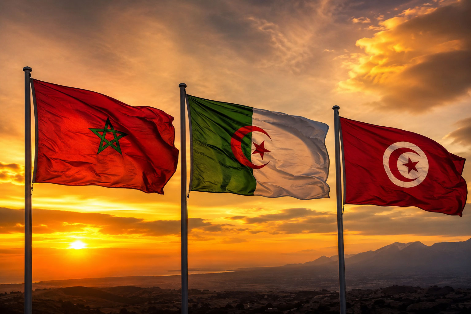 Drapeaux du Maghreb, de gauche à droite : Maroc, Algérie, Tunisie