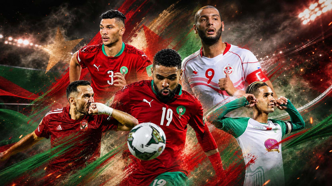 Montage dynamique de footballeurs maghrébins dans une ambiance de stade, avec effets de lumière rouge, vert, blanc et or inspirés des couleurs du Maghreb.