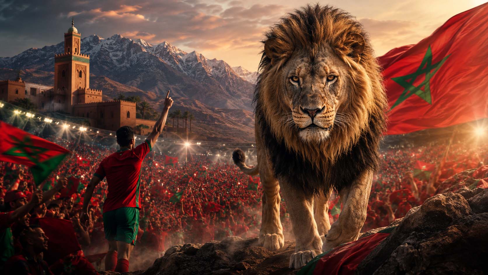 Un lion de l'Atlas marchant devant une foule de supporters marocains