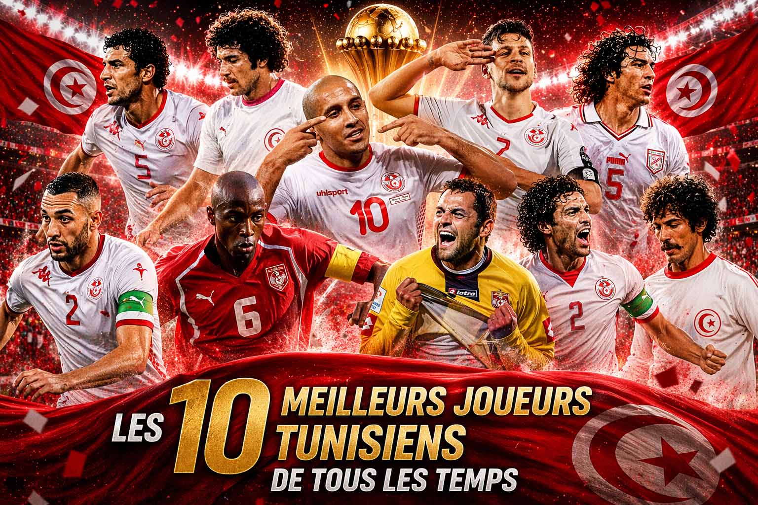 Montage des 10 meilleurs joueurs tunisiens de tous les temps dans un stade en fusion, avec drapeaux tunisiens, trophée doré et ambiance épique rouge et blanche