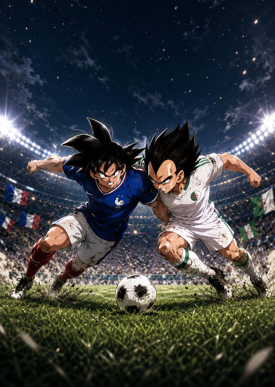 Goku avec le maillot de la France se bat en duel avec Végéta et le maillot 