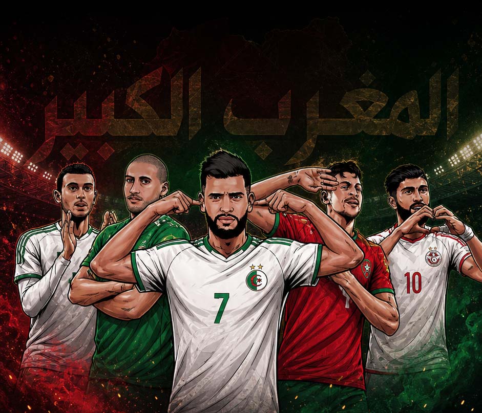 Montage de footballeurs avec les maillots du Maghreb : Tunisie, Maroc, Algérie. En style animé.
