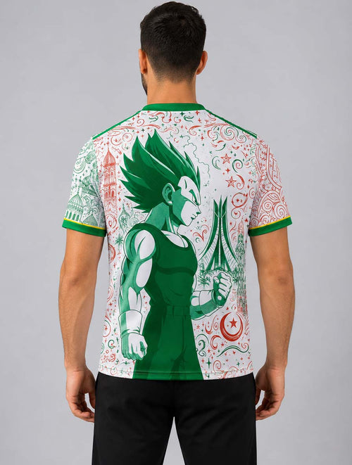 Dos du maillot d'Algérie 2026 Vegeta, design blanc et vert inspiré du football algérien et de l'univers Dragon Ball Z