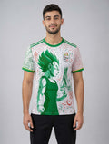 Maillot d'Algérie 2026 de Vegeta porté de face, design blanc et vert avec motifs algériens et motif de Dragon Ball Z