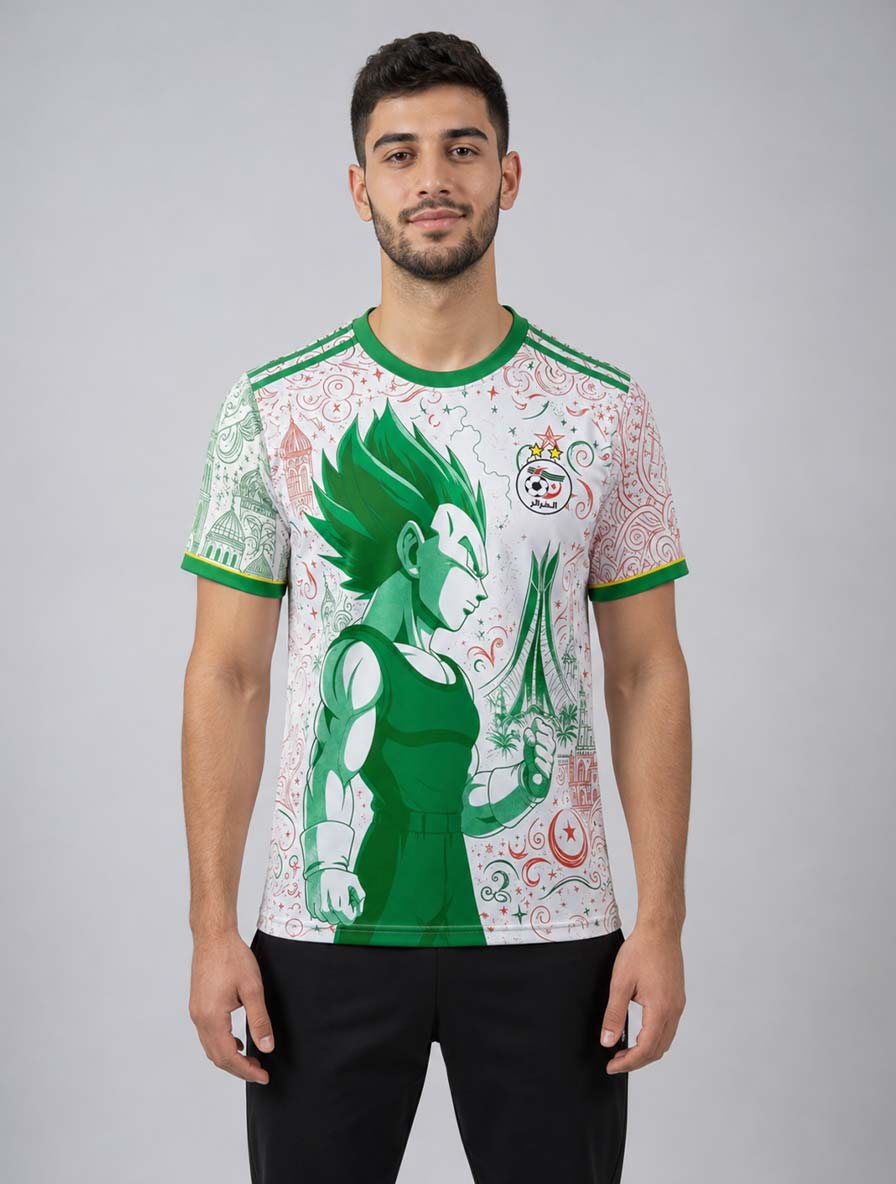 Maillot d'Algérie 2026 de Vegeta porté de face, design blanc et vert avec motifs algériens et motif de Dragon Ball Z