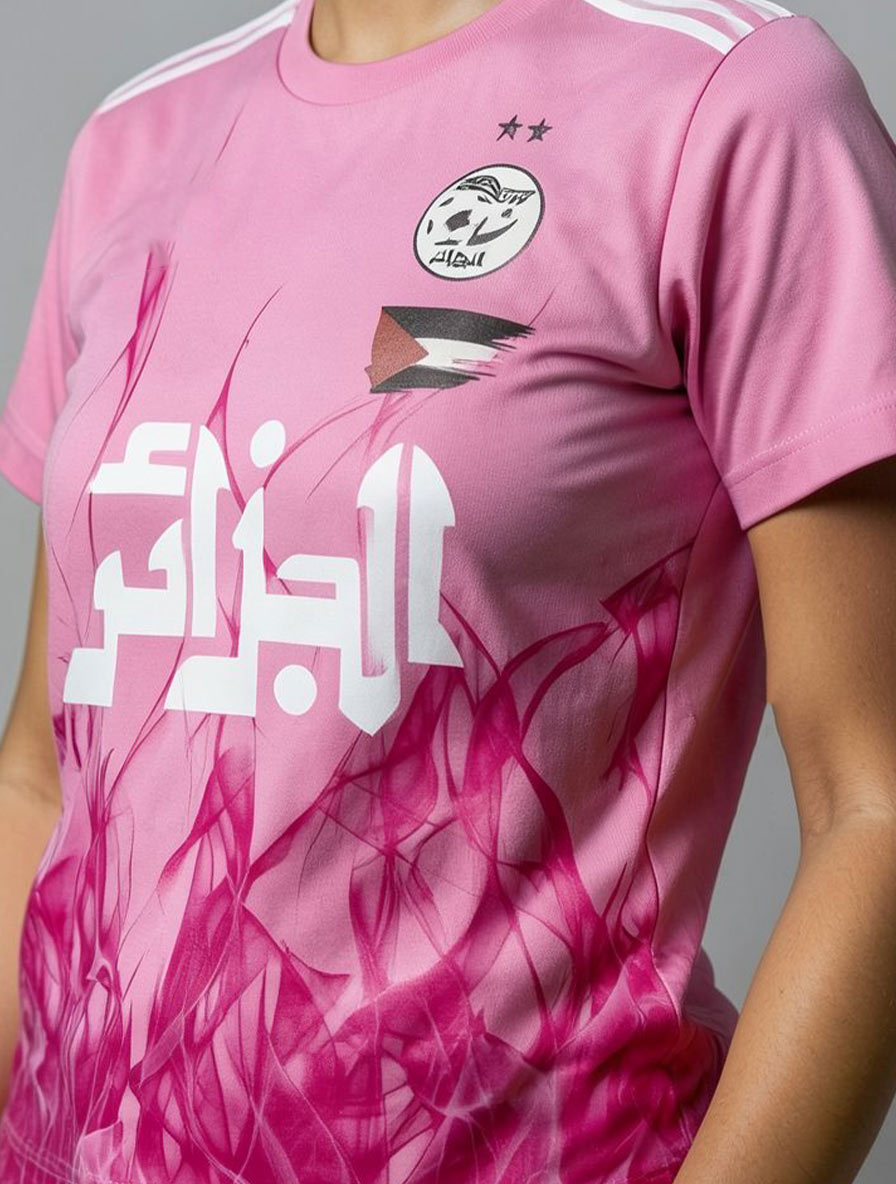 Maillot rose de l'Algérie avec un drapeau de la Palestine sous le logo