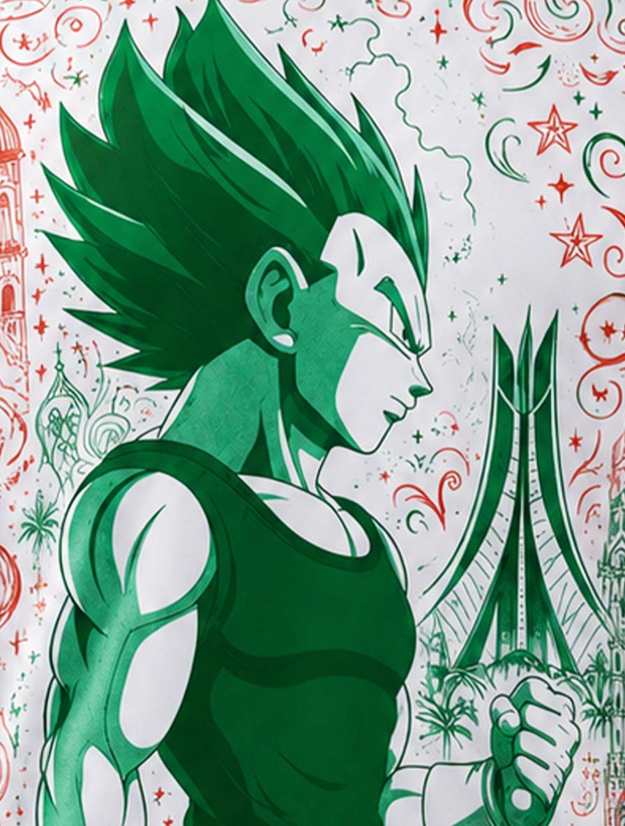 Zoom sur le maillot d'Algérie 2026 Vegeta, détails graphiques verts, motifs algériens et finition du design manga