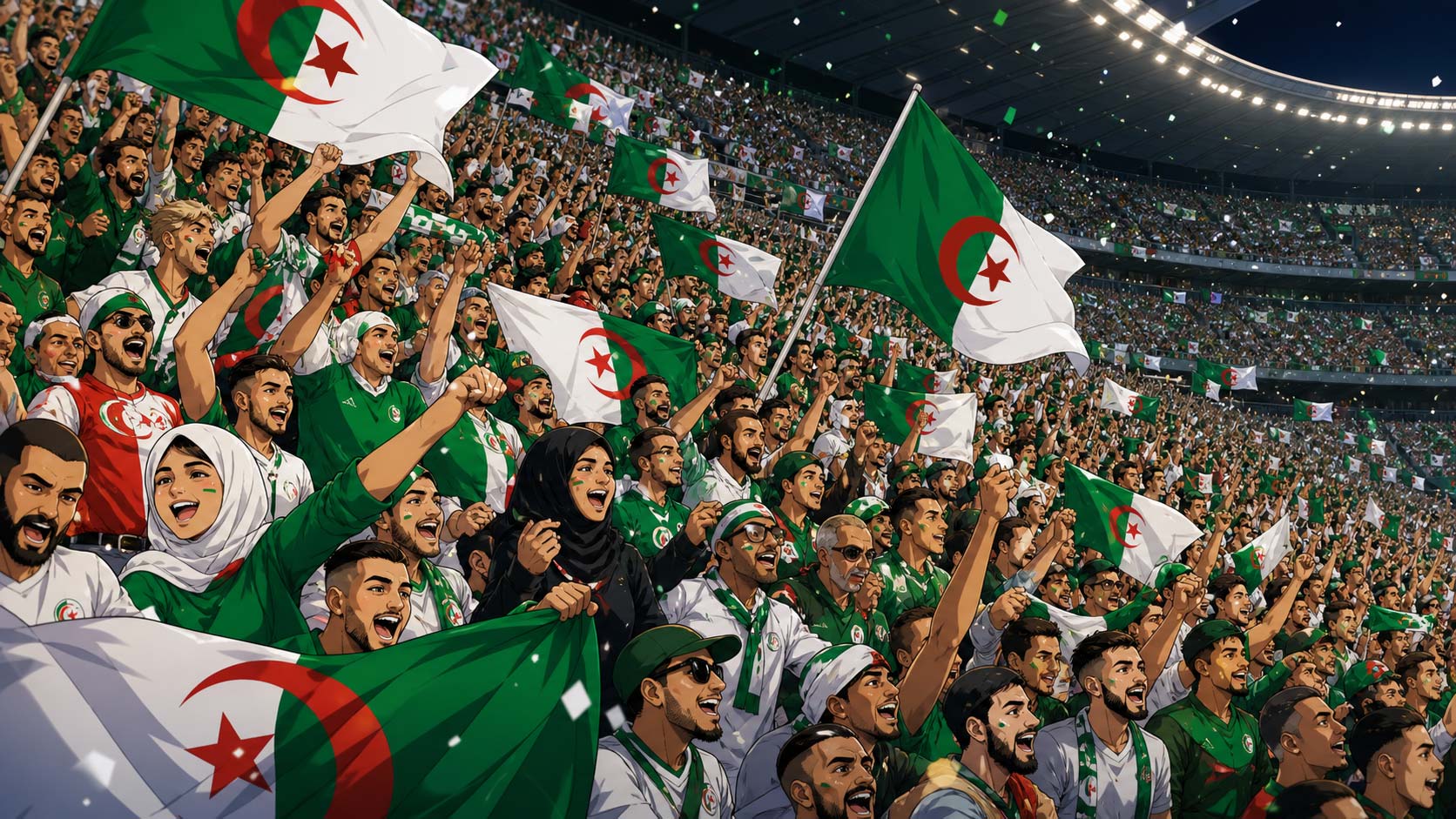 Supporters algériens dans un stade de football, dessin style manga