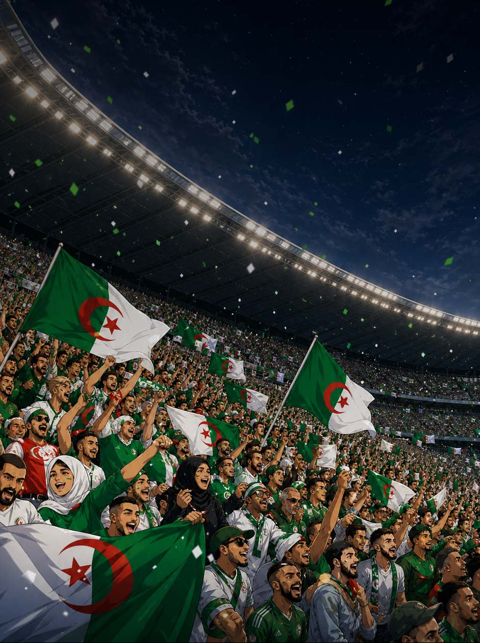 Supporters algériens dans un stade de football, dessin style manga