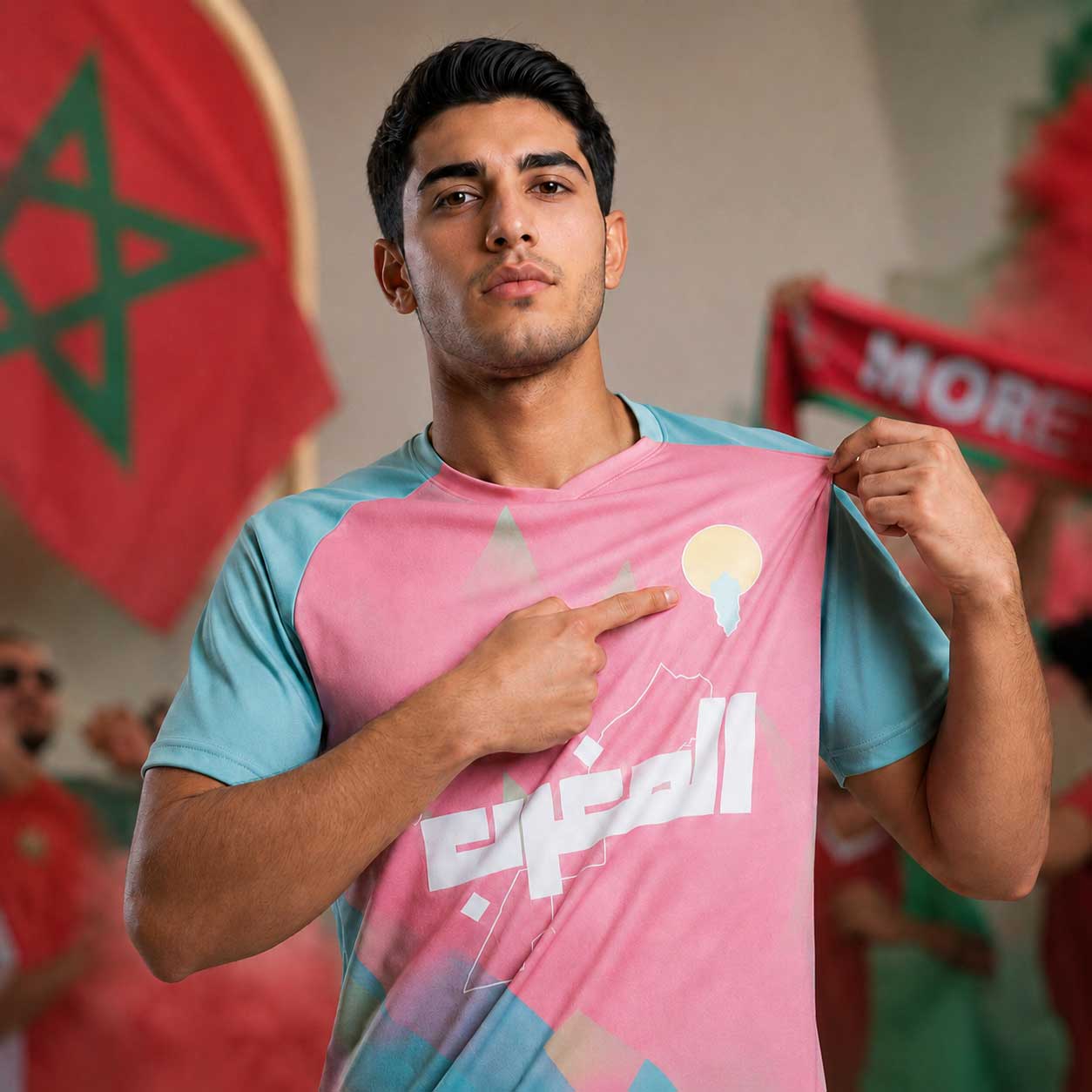 Supporter marocain avec un maillot concept rose et bleu du Maroc
